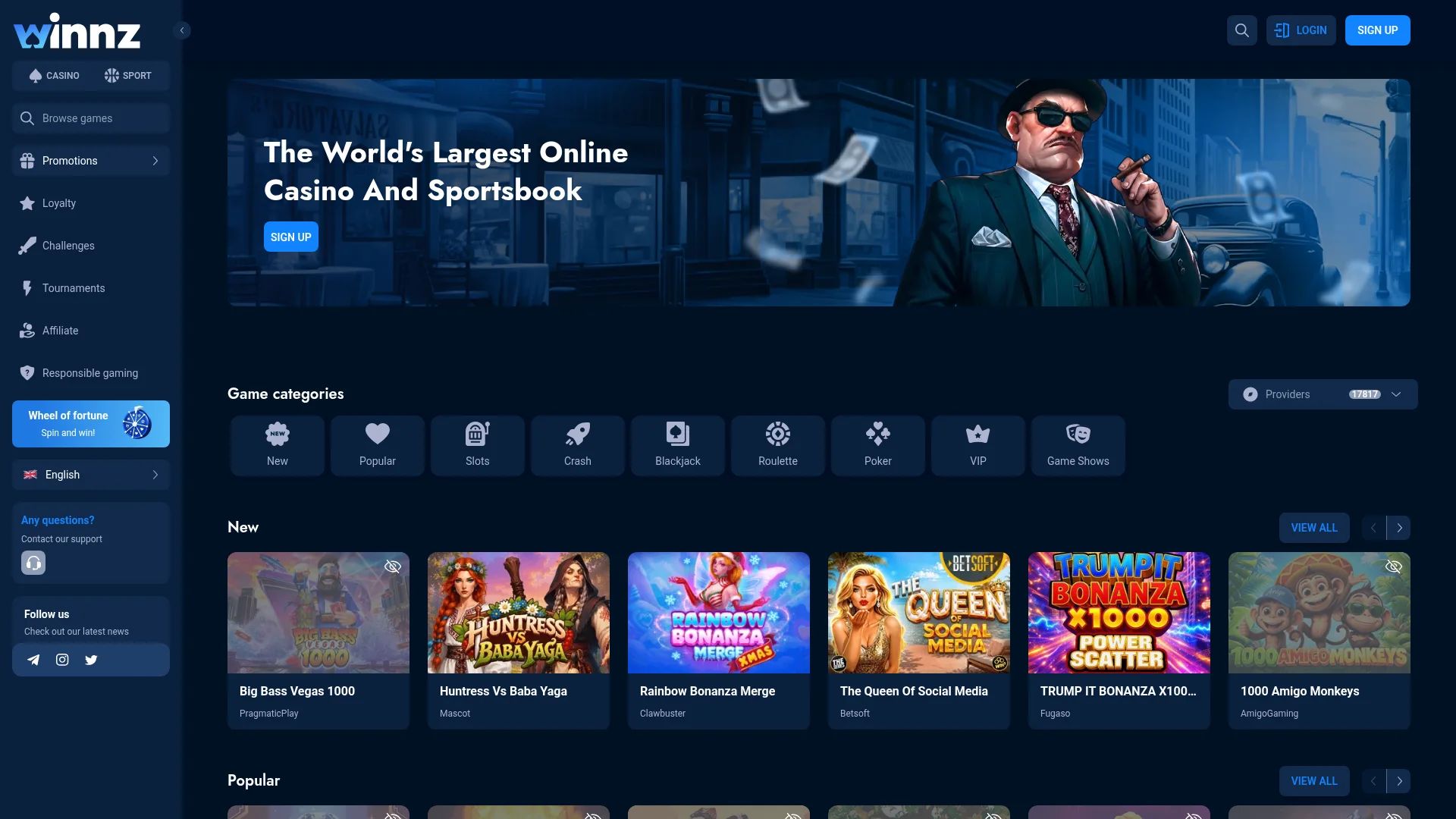 Win Casino desktop casino interface with game, loyalty and payment features