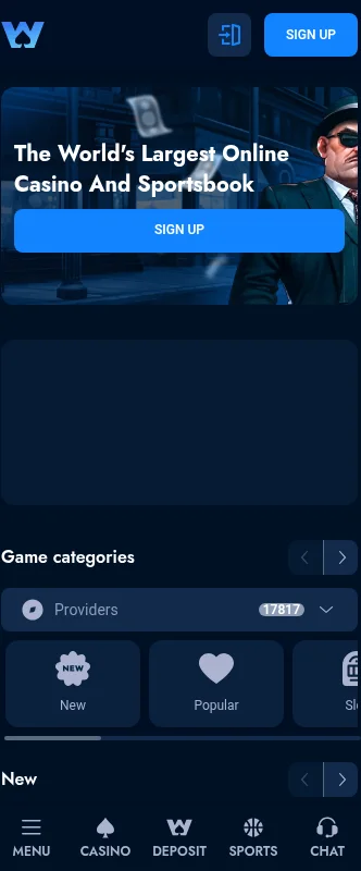 Win Casino mobile browser interface on a smartphone